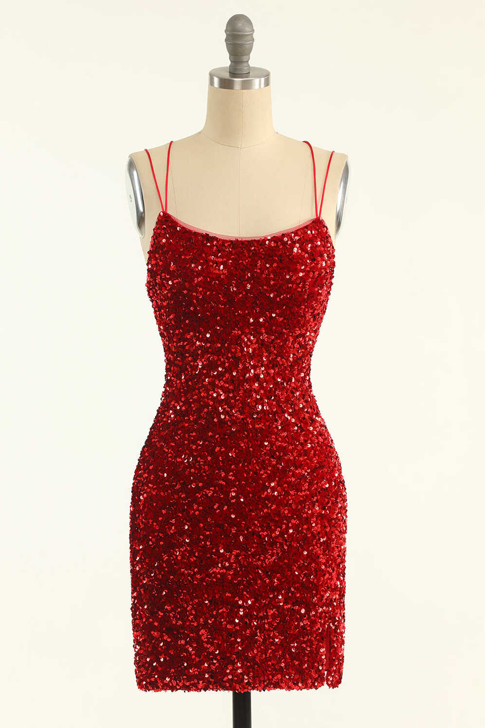 Zapaka Women Red Sequins Tight Homecoming Dress Spaghetti Straps ...