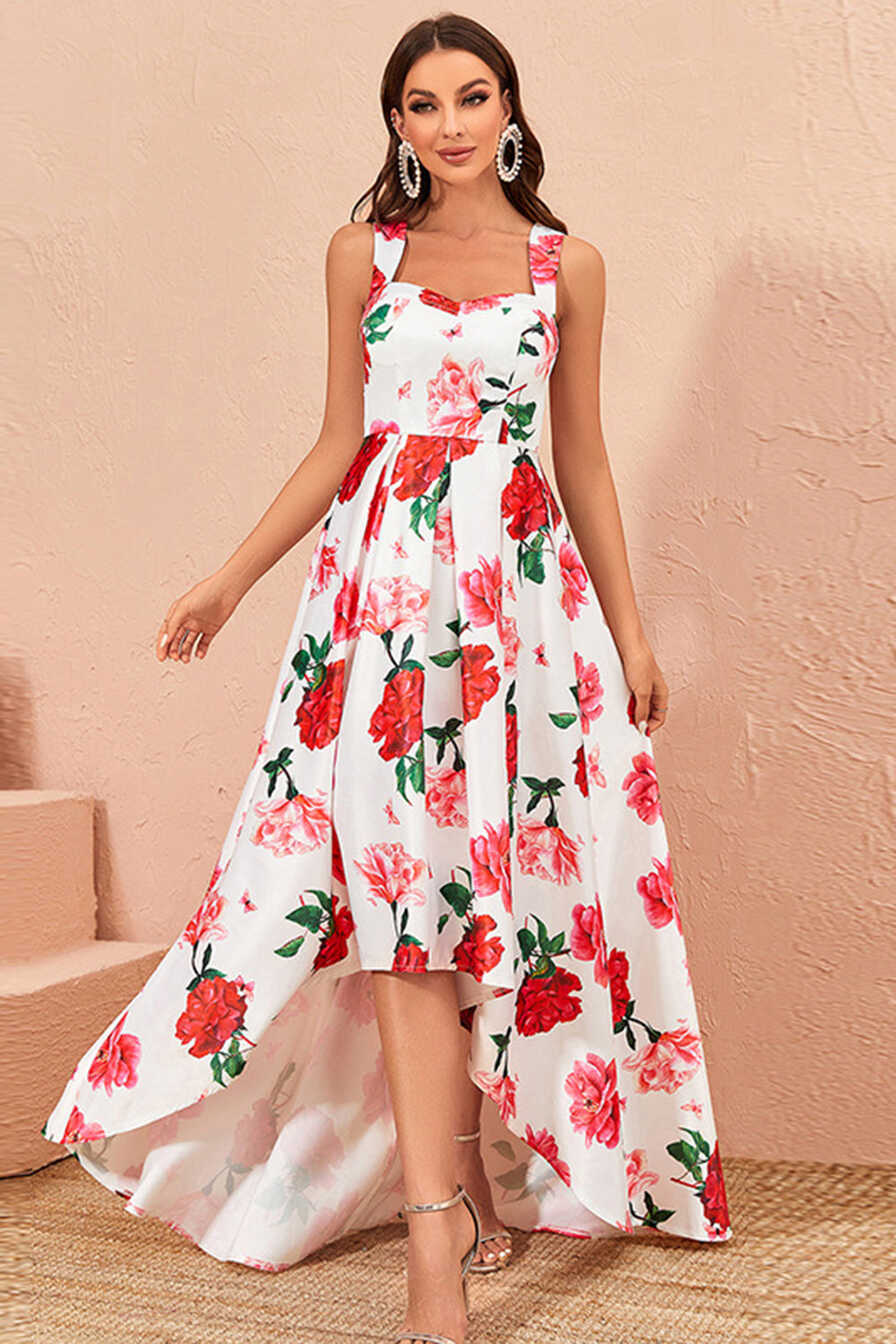 Zapakasa Women Formal Dress High-low White Floral Print Prom Dress ...