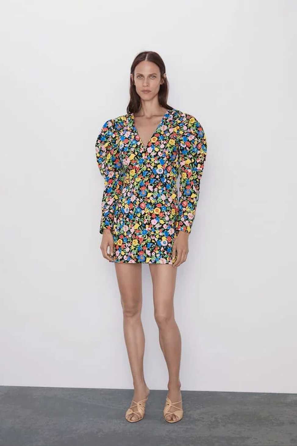 Zara + Printed Mini Dress With Puff Sleeves