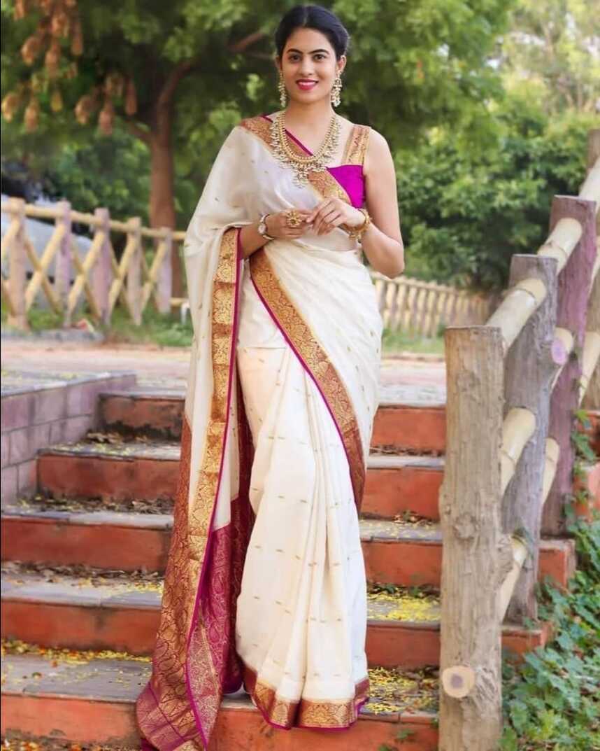 Zari Work White South Indian Saree, 6.3 m (With Blouse Piece) at ...