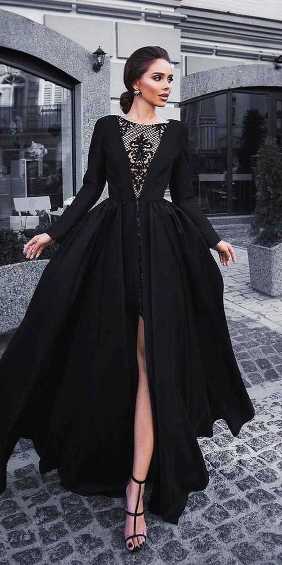 abendkleider black lace applique prom dresses long sleeve vintage ...