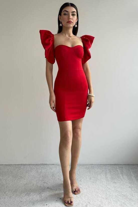 bayansepeti Atlas Fabric Short Red Dress with Low-cut Back ...