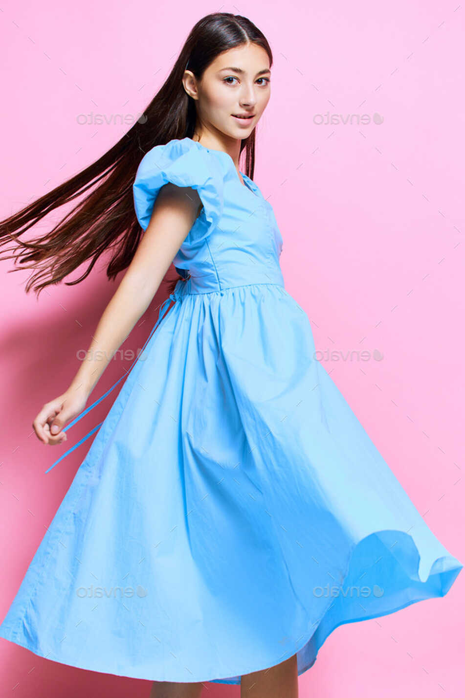 beautiful woman style pink studio blue young model dress clothes ...