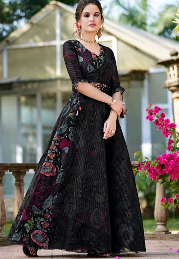 black organza party wear printed long gown 9001