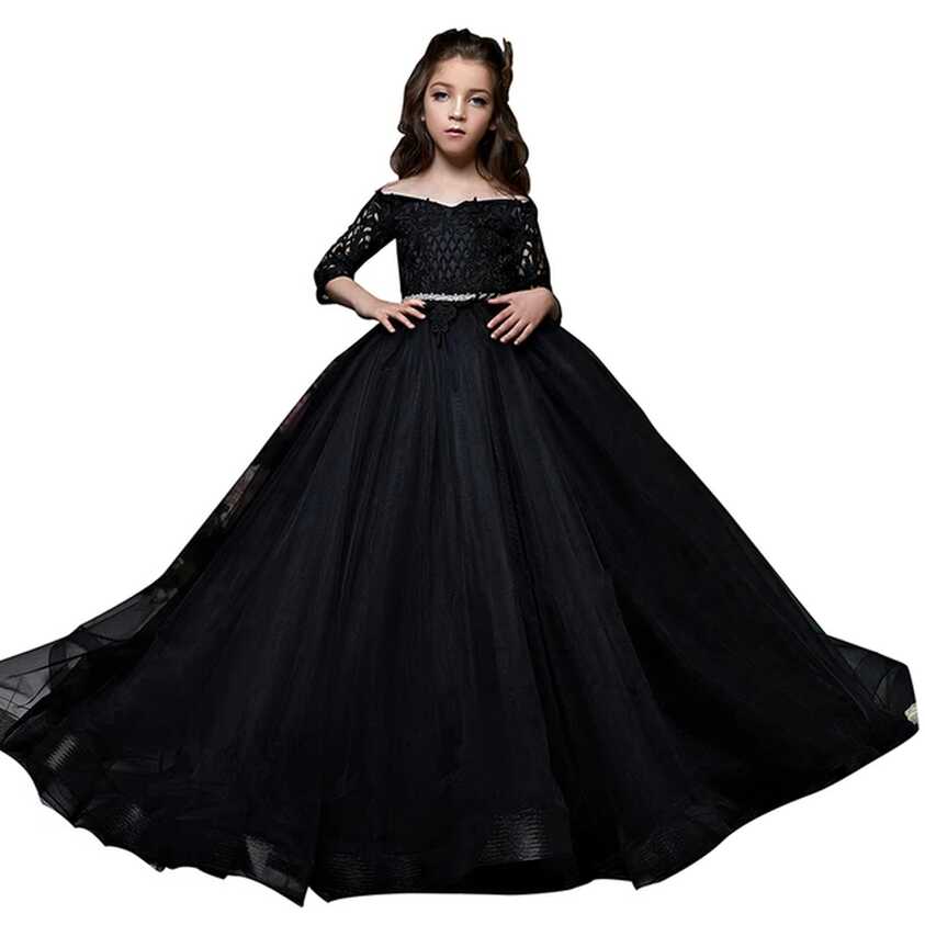 black party dresses for girls half sleeves puffy kids ball gown ...