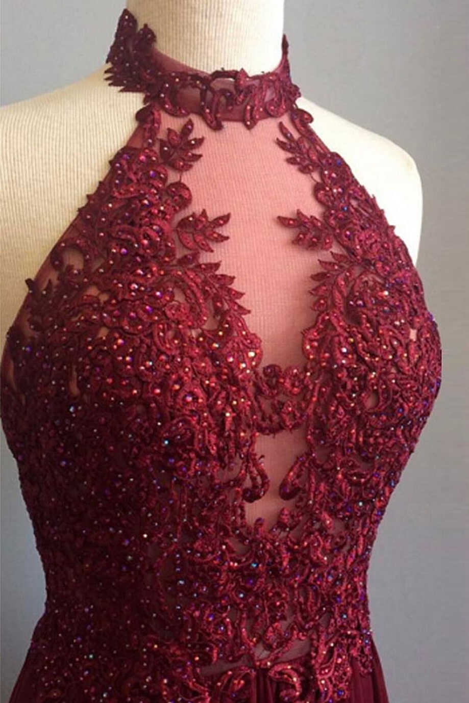 burgundy lace high neck long prom dress, burgundy evening dress ...