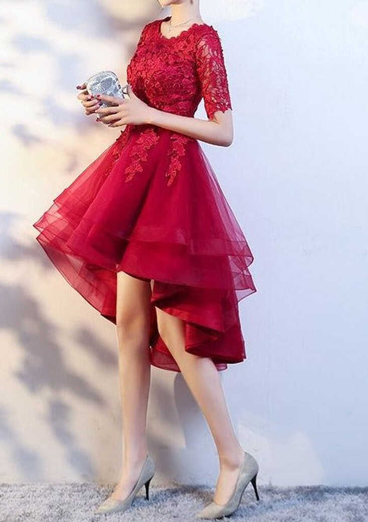 burgundy red lace appliques knee length hi low formal prom dress ...