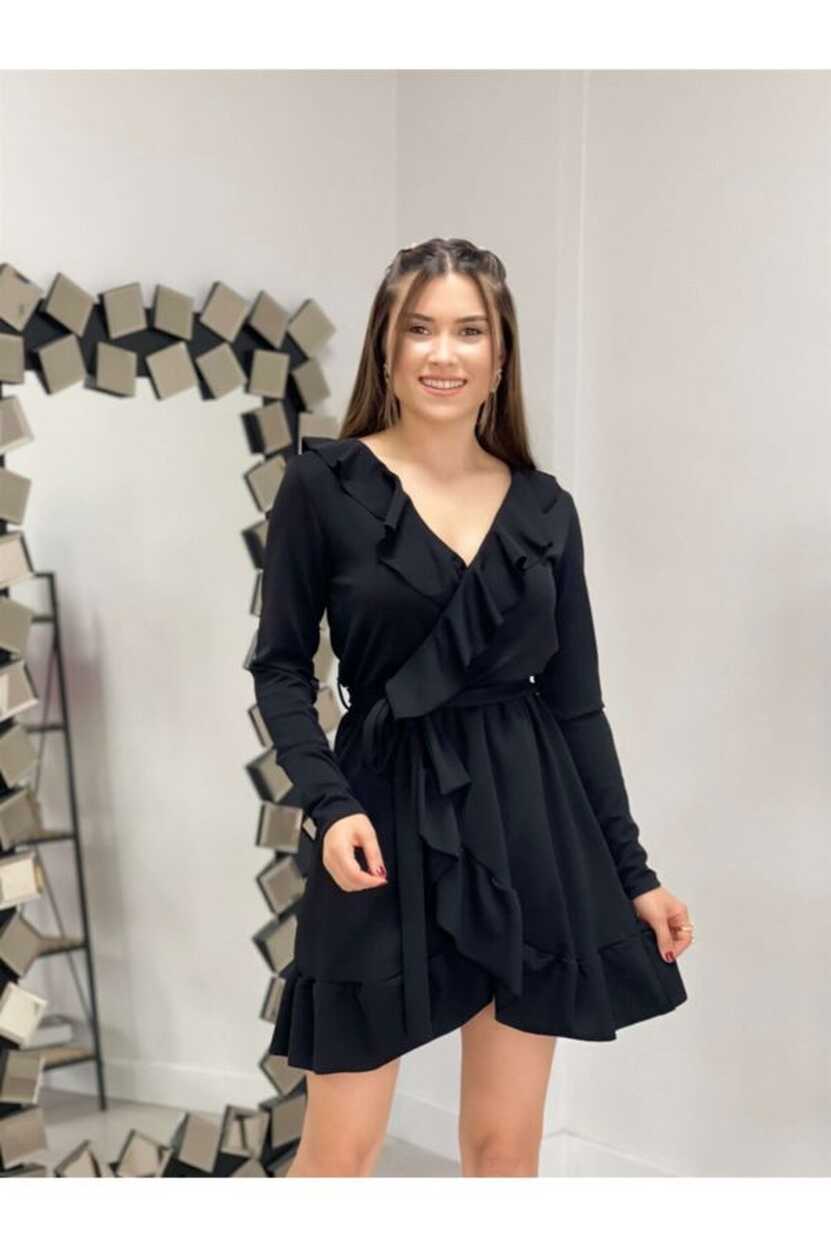 giyimmasalı Crepe Fabric Ruffle Mini Dress Black - Trendyol