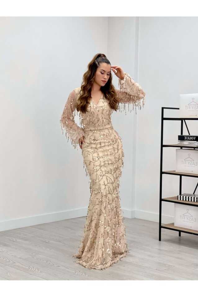 giyimmasalı Sequin Fringed Designer Dress - Gold - Trendyol