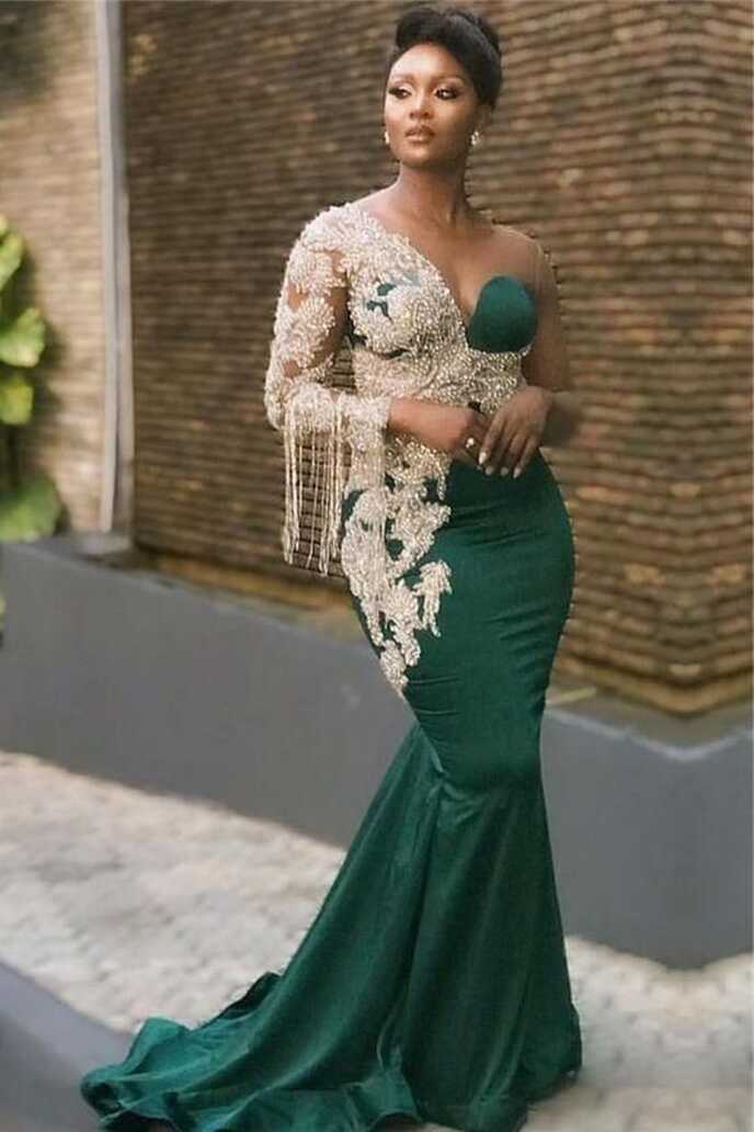 green tassels evening dresses long mermaid green one shoulder ...