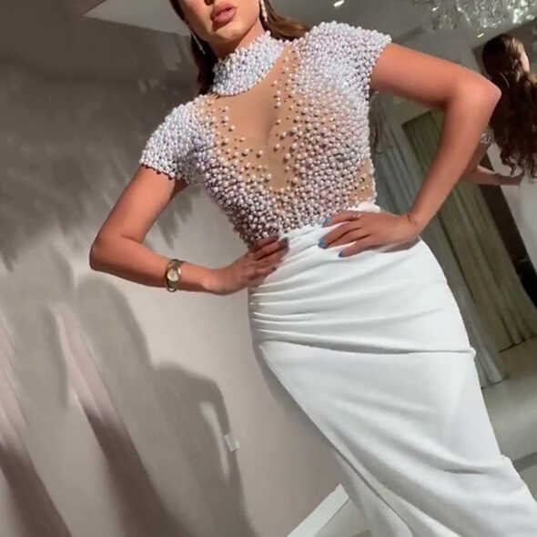 high neck white evening dresses long beaded short sleeve elegant ...