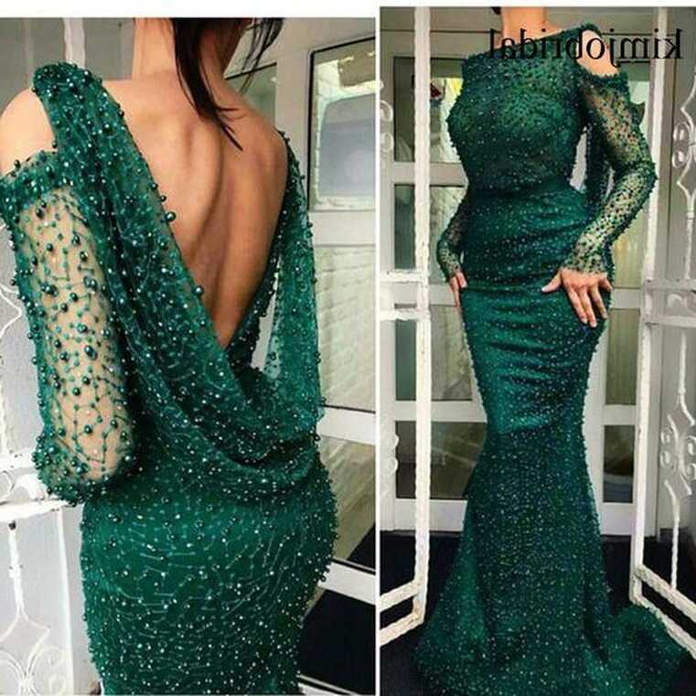 hunter green beaded evening dresses long sleeve mermaid peals ...