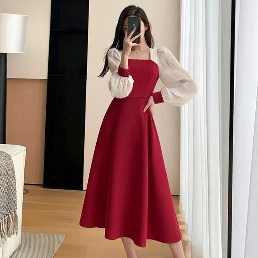 ins Plus size red dress for women girls Korean style square collar ...