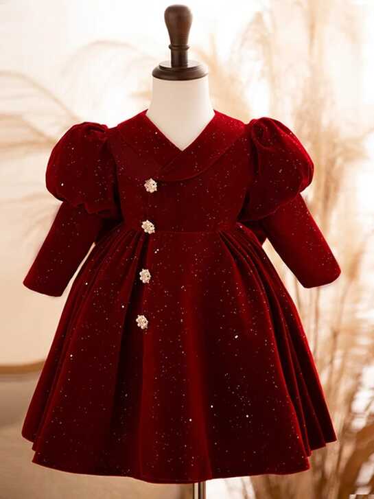 kawaii velvet long sleeve Children&#39;s first birthday dresses Flower ...