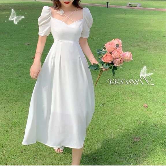 korean long fitted plain white dress for woman casual formal ...