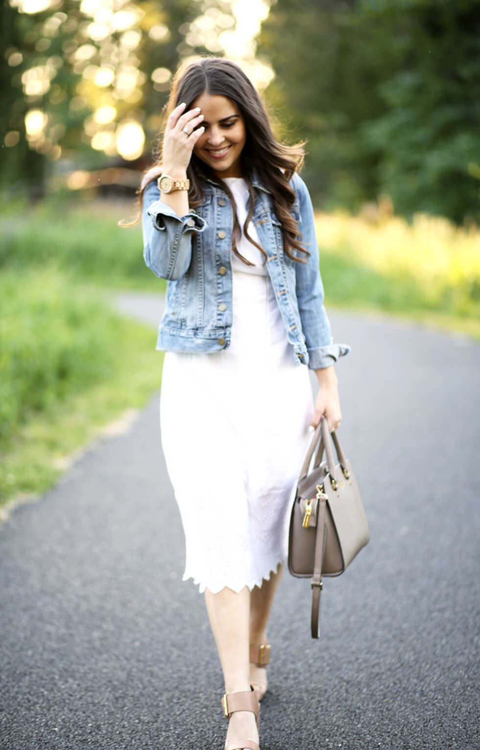 little white eyelet dress with denim jacket - dress cori lynn