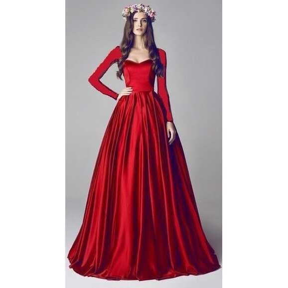 long sleeve red satin dress | Gowns, A line prom dresses, Ball gowns