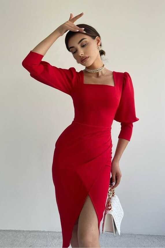 lovebox Red Flexible Crepe Fabric Front and Back Square Neck Slit ...