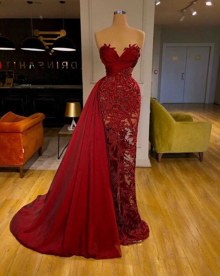 luxury Burgundy Detachable Train Mermaid Prom Dress with Lace ...