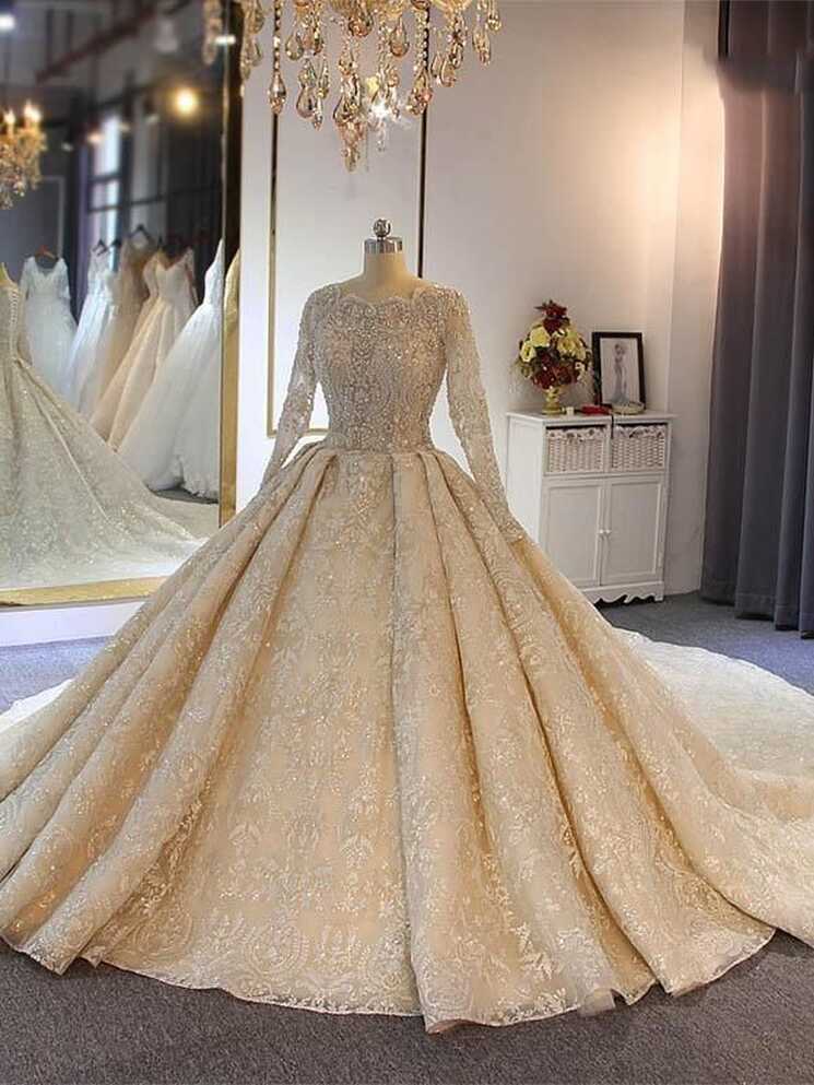 luxury Full Lace Beading Long Sleeves Ball Gown Wedding Dresses