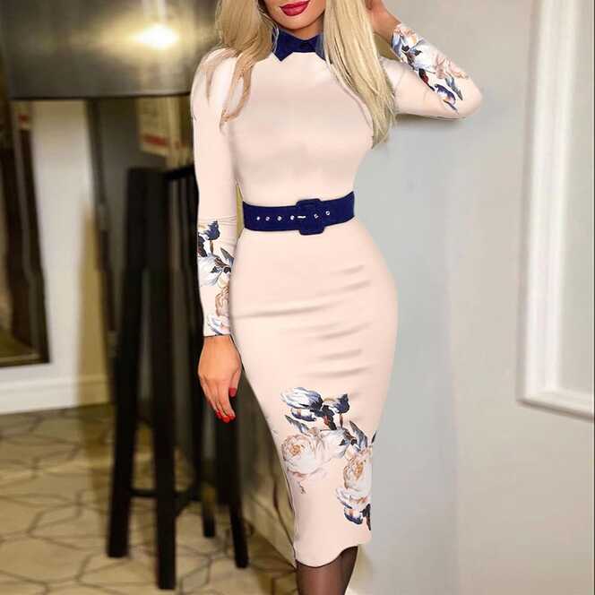 mmknlrm Women Print Bodycon Dress Long Sleeve Office Lady Dresses ...