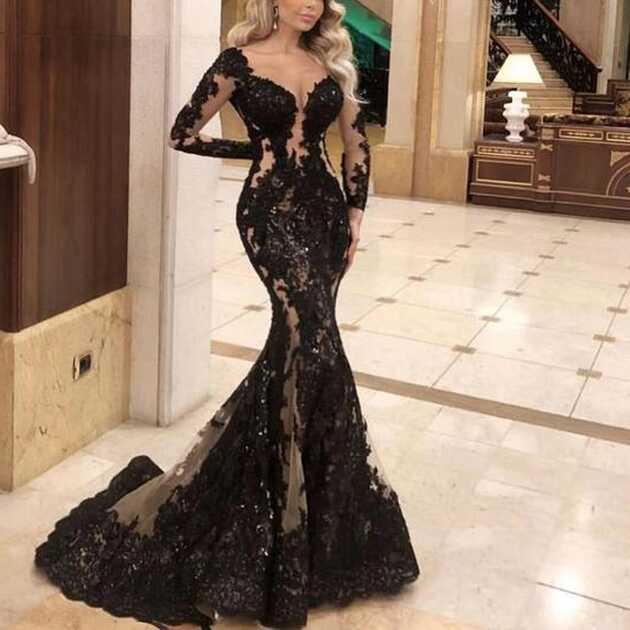 modest black prom dresses long sleeve lace appliqué elegant ...