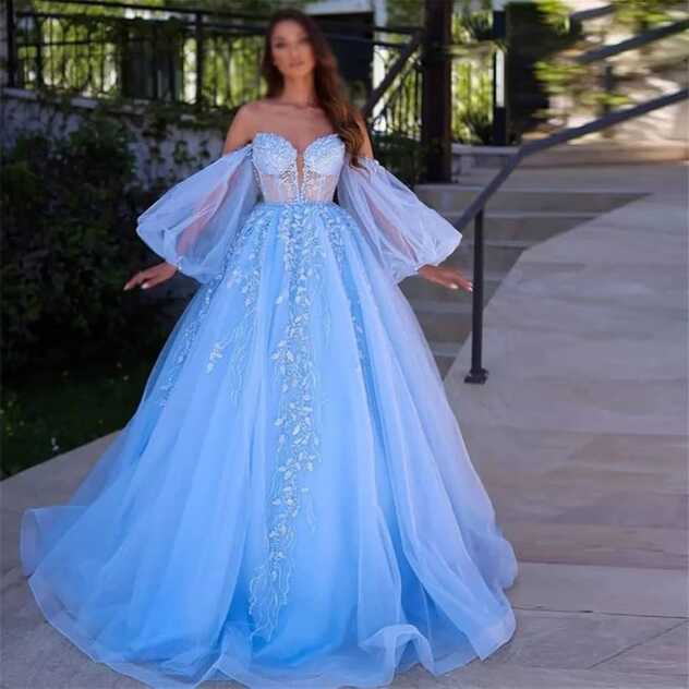 n/a Blue Shiny Appliques Beaded Prom Dress Detachable Puff Sleeves ...