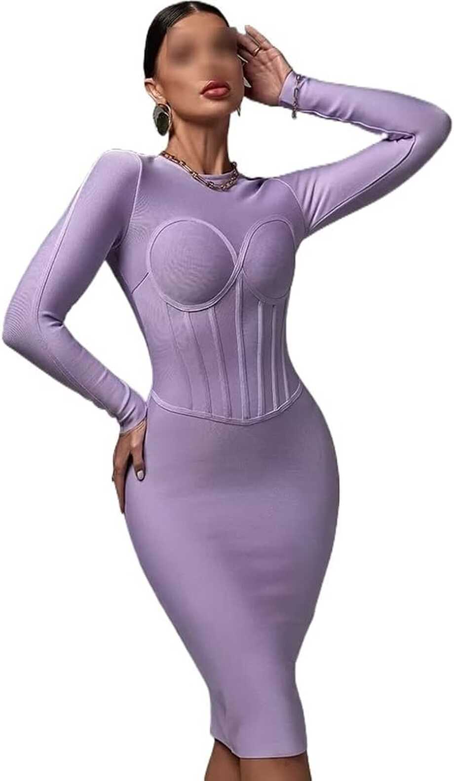 n/a Long Sleeve Bandage Dress Women&#39;s Lilac Bodycon Dress Elegant ...