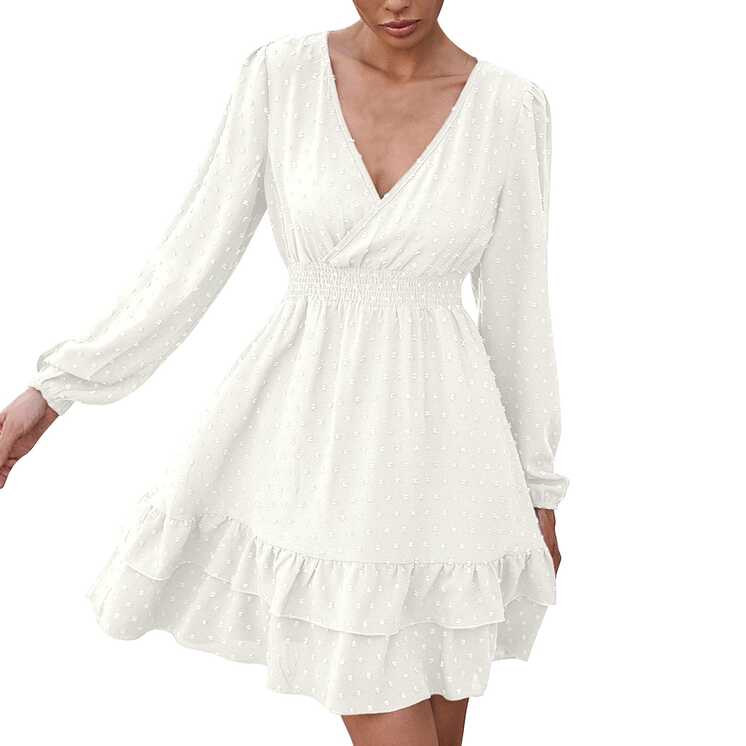 outfmvch white dress short sleeve v neck mini dress chiffon dot ...