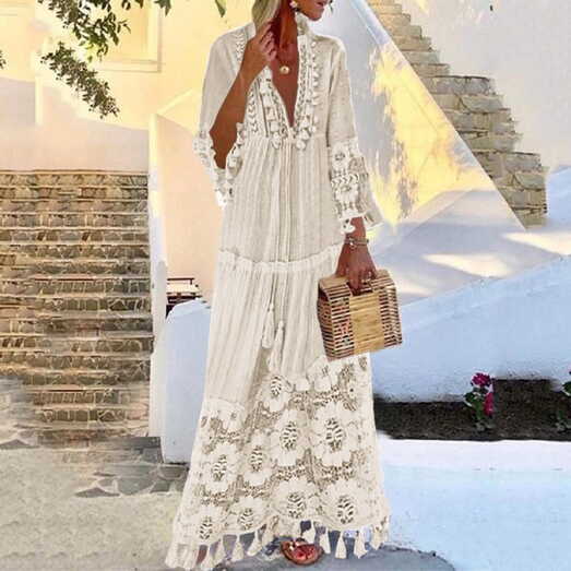 pbnbp Summer Boho Dress for Women V Neck Long Sleeve Tassel Plus ...