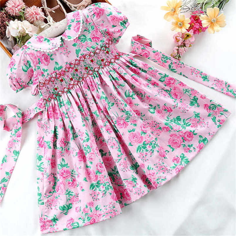 pink flower little girls dresses smocking for baby frock handmade ...