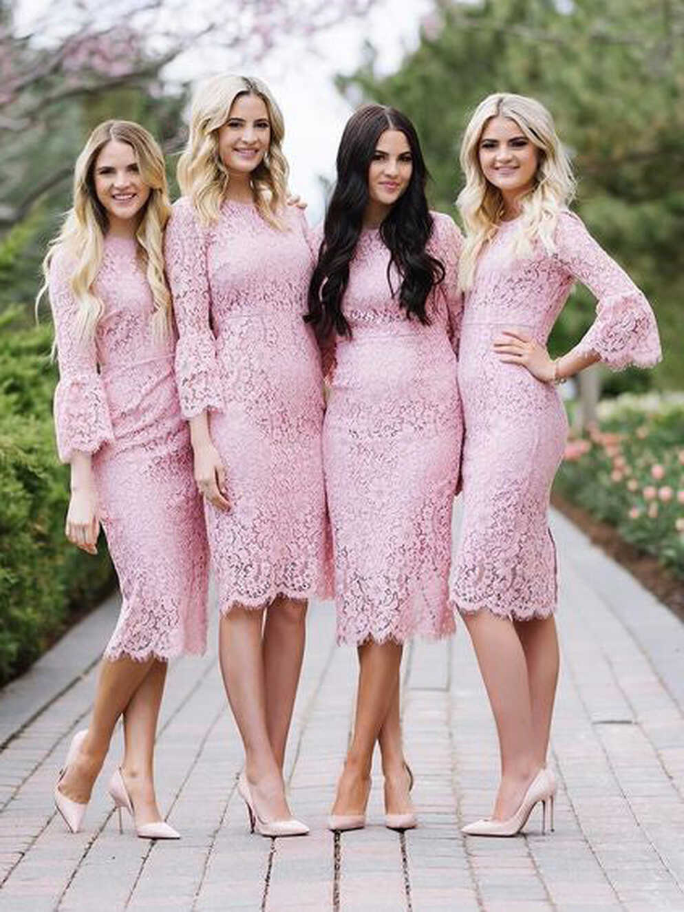 pink lace bridesmaid dresses short 2020 appliqué mermaid flare ...