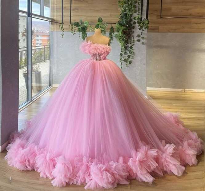 pink prom dresses, ruffle prom dresses, ball gown,puffy prom ...