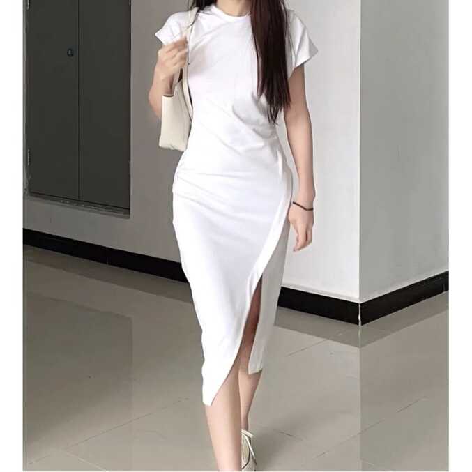 plain midi simple elegant white dress for civil wedding sexy puff ...