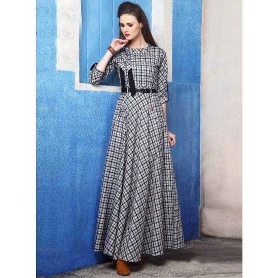 printed cotton silk long casual kurtie with belt