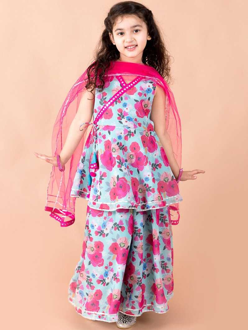 pspeaches Girls Blue Floral Printed Angrakha Gotta Patti Pure ...