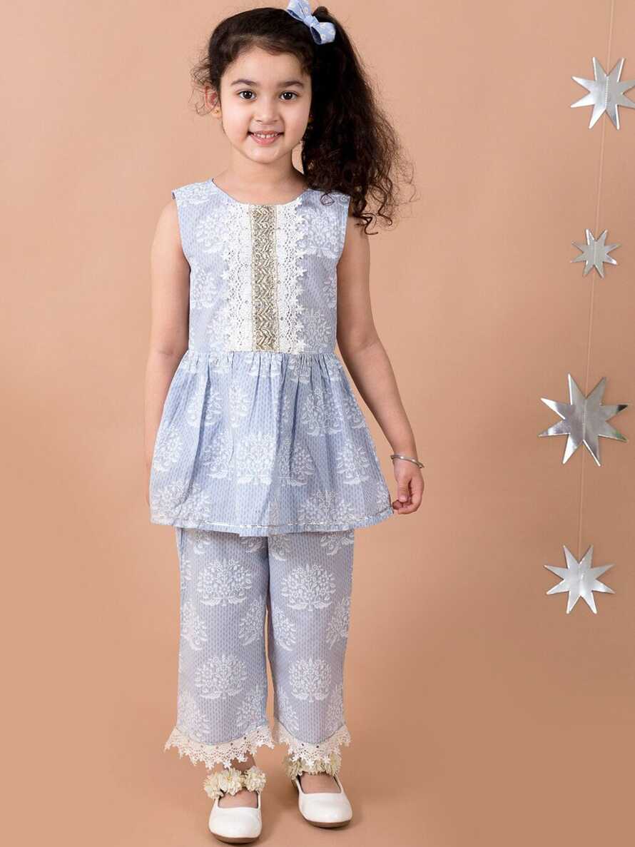 pspeaches Girls Blue Pure Cotton Kurti with Sharara &amp; With Dupatta ...