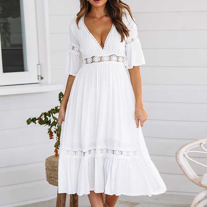 qucoqpe Fashion Women Summer Dresses Flowy White Dress Sexy Hollow ...