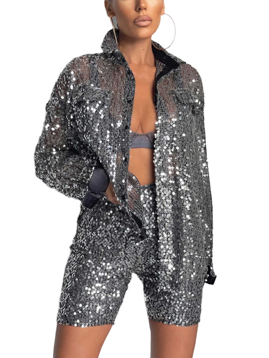 sdghg Women Glitter Sparkle Outfits Sequin Bling Long Sleeve ...