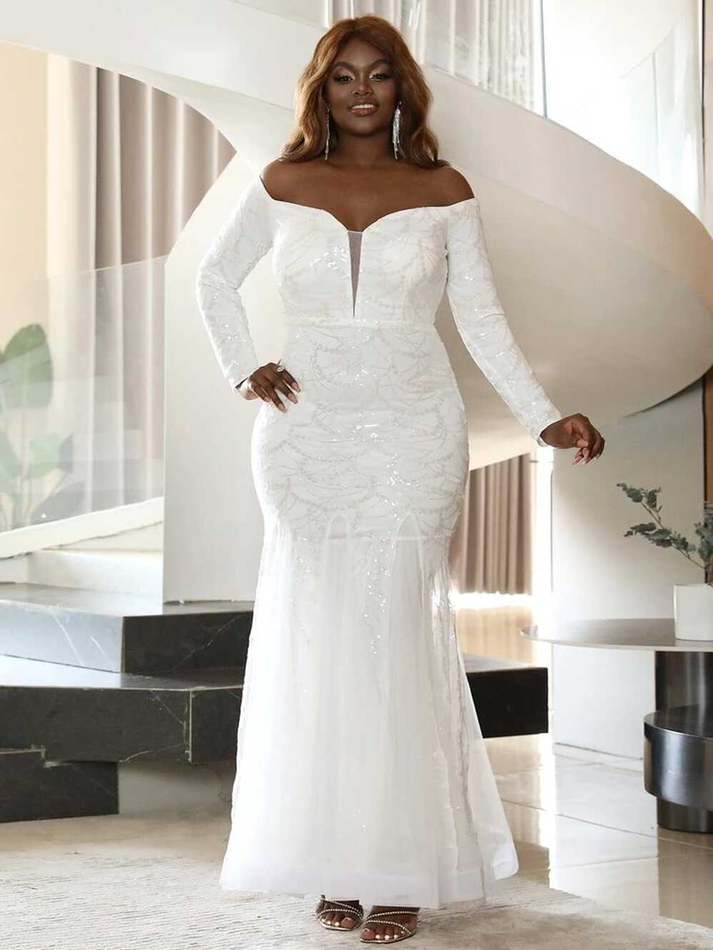 seomiscky Plus Solid Contrast Mesh Wedding Dress | SHEIN