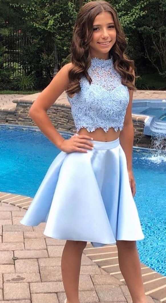 two piece short homecoming dresses, light sky blue formal short ...