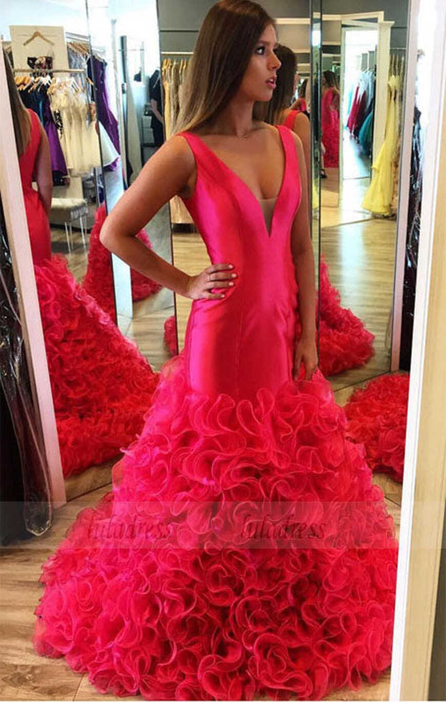 v neck evening dress,mermaid prom dresses,ruffles prom dress ...