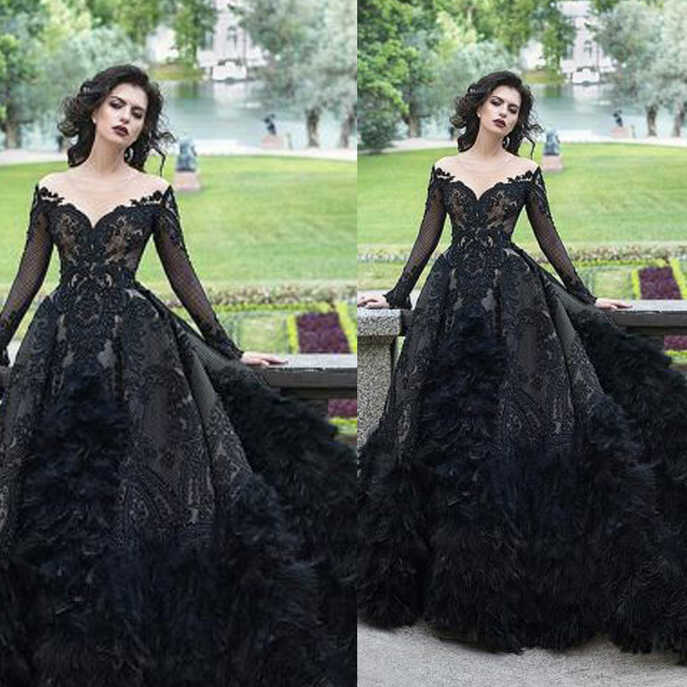 vintage black prom dress ball gown feather lace applique luxury ...