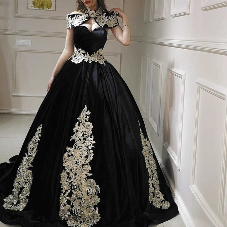 vintage prom dress ball gown 2020 cap sleeve Lace Applique black ...