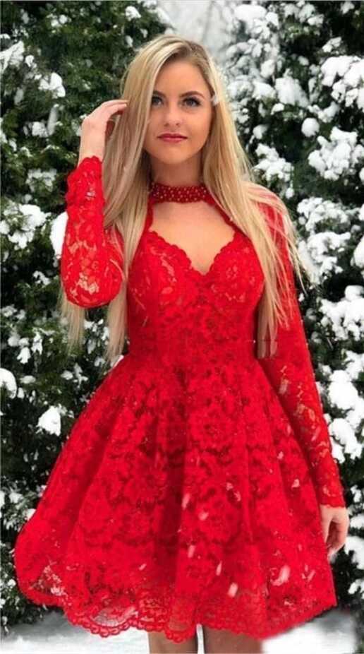 vintage red lace short homecoming dresses, long sleeve knee length ...