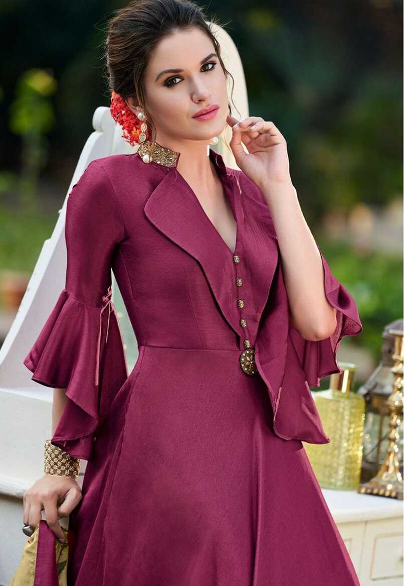 violet silk party wear embroidery floor length gown 9002