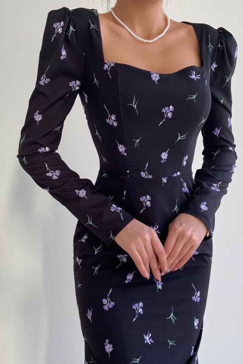 vuvutasarım Crepe Fabric Purple Floral Print Square Neck Long ...