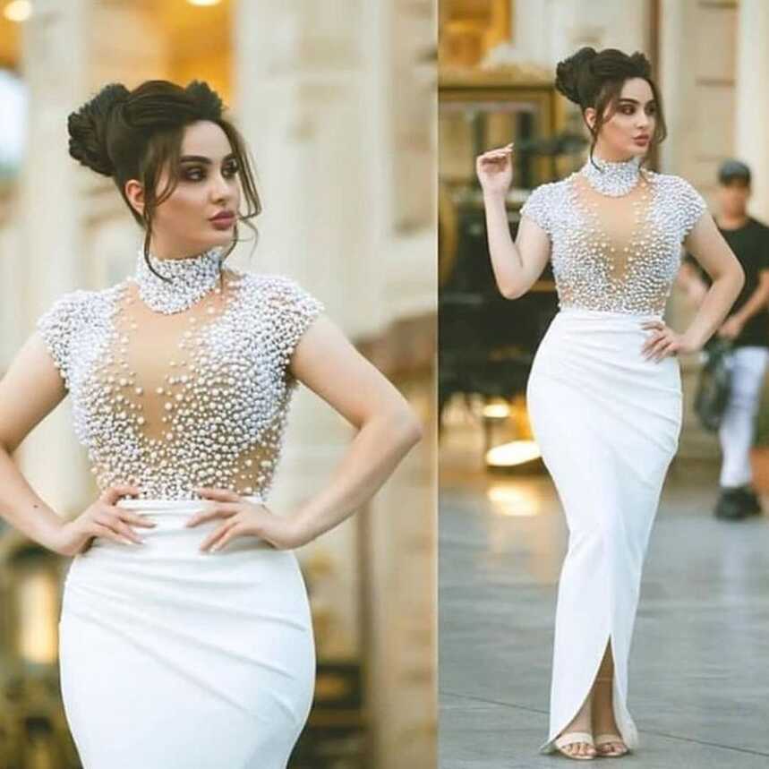 white evening dresses for weddings arabic high neck beaded mermaid ...