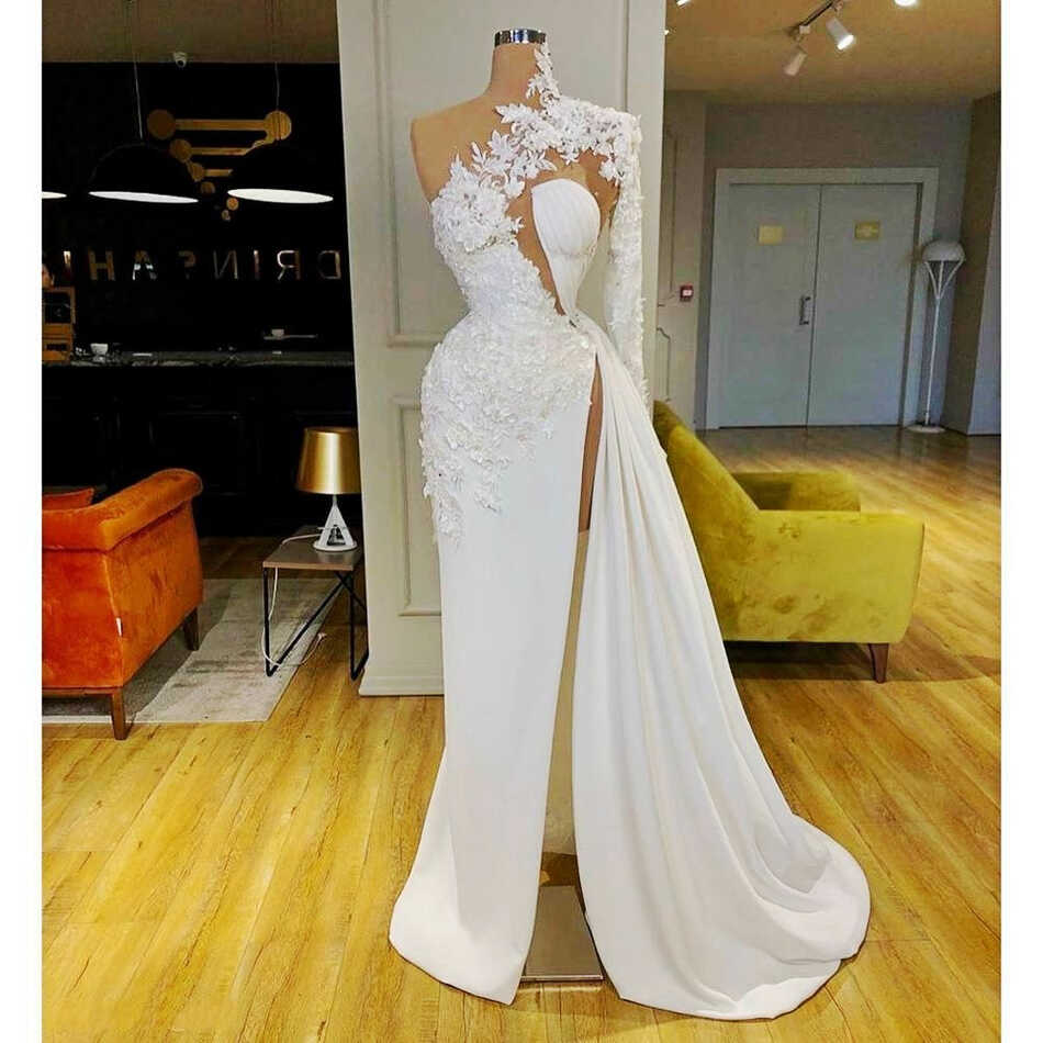 white evening dresses long lace applique mermaid elegant modest ...