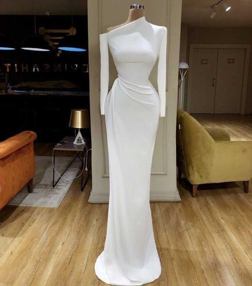 white evening dresses long sleeve modest simple mermaid elegant ...